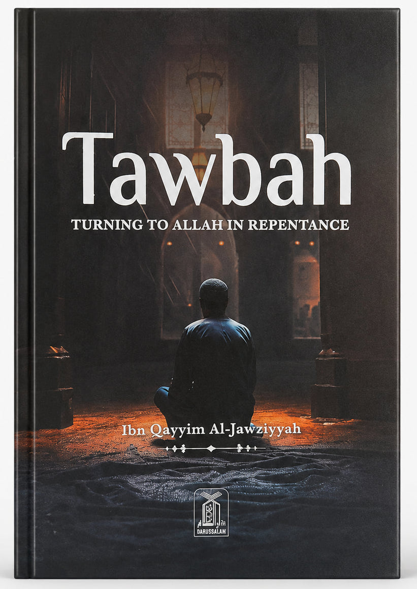 A hardcover book titled "Tawbah: Turning to Allah in Repentance" by Ibn Qayyim Al-Jawziyah, featuring a dark cover illustration of a person kneeling in a dimly lit interior, shown on a light gray background.
