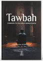 A hardcover book titled "Tawbah: Turning to Allah in Repentance" by Ibn Qayyim Al-Jawziyah, featuring a dark cover illustration of a person kneeling in a dimly lit interior, shown on a light gray background.