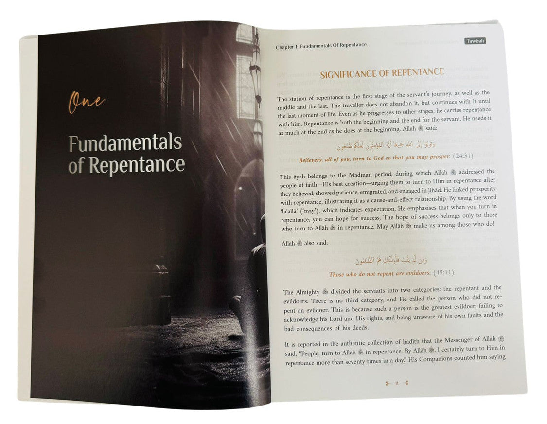 Open book showing a page titled 'Fundamentals of Repentance' with a dark cover image.