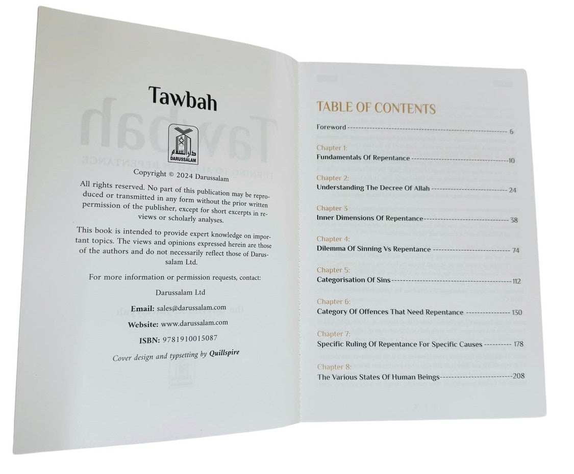 Open book with 'Tawbah' branding on a white background_table of contents for Tawbah by Ibn Al-Qayyim