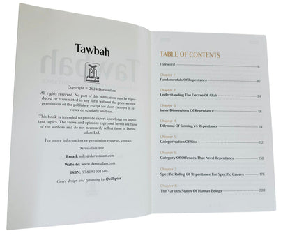 Open book with 'Tawbah' branding on a white background_table of contents for Tawbah by Ibn Al-Qayyim